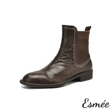 Load image into Gallery viewer, Brown-Leather-Chelsea-Boots-with-Rhinestone-Design-product-shots-white-background