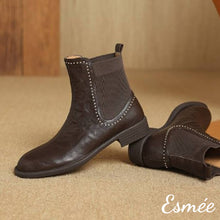 Load image into Gallery viewer, Brown-Leather-Chelsea-Boots-with-Rhinestone-Design-product-shots