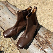將圖片載入圖庫檢視器 Brown-Leather-Chelsea-Boots-with-V-Shaped-Ribbon-and-Squared-Toe-Design-product-shots
