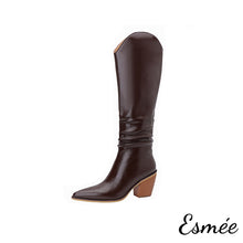 Load image into Gallery viewer, Brown-Leather-Cowboy-Long-Boots-with-Block-Heels-product-shots-white-background