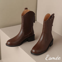 Load image into Gallery viewer, Brown-Leather-Cowboy-Mid-Boots-with-Pull-Straps-Design-product-shots