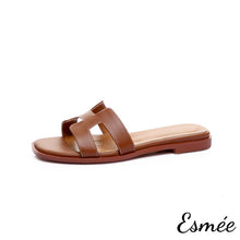 Load image into Gallery viewer, Brown-Leather-Flat-Sandals-product-shots-white-background