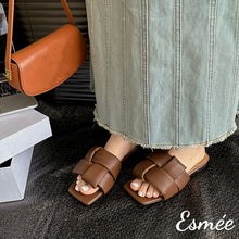 Load image into Gallery viewer, Brown-Leather-Flat-Sandals-with-Thick-Woven-Design-model-shots