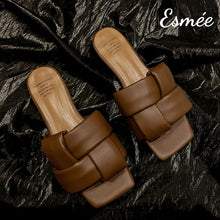 Load image into Gallery viewer, Brown-Leather-Flat-Sandals-with-Thick-Woven-Design-product-shots