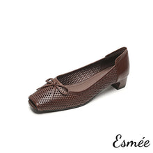 Load image into Gallery viewer, Brown-Leather-Flats-with-Bow-Knot-and-Peep-Toe-Design-product-shots-white-background