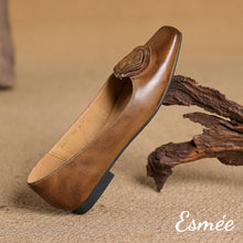 Load image into Gallery viewer, Brown-Leather-Flats-with-Handmade-Flower-Design-product-shots