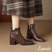 Load image into Gallery viewer, Brown-Leather-High-Heel-Ankle-Boots-with-Metal-Buckle-Design-model-shots