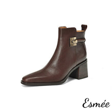 Load image into Gallery viewer, Brown-Leather-High-Heel-Ankle-Boots-with-Metal-Buckle-Design-product-shots-white-background