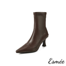 將圖片載入圖庫檢視器 Brown-Leather-High-Heel-Ankle-Boots-with-Pointy-Toe-Design-product-shots-white-background