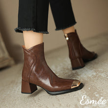 將圖片載入圖庫檢視器 Brown-Leather-High-Heel-Ankle-Boots-with-Special-Cutting-and-Golden_toe-Cap-model-shots