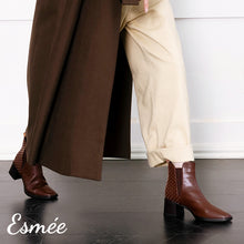 Load image into Gallery viewer, Brown-Leather-High-Heel-Chelsea-Boots-with-Woven-Design-model-shots