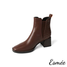 Load image into Gallery viewer, Brown-Leather-High-Heel-Chelsea-Boots-with-Woven-Design-product-shots-white-background