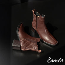 Load image into Gallery viewer, Brown-Leather-High-Heel-Chelsea-Boots-with-Woven-Design-product-shots