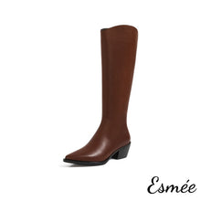 將圖片載入圖庫檢視器 Brown-Leather-High-Heel-Long-Boots-with-Pointed-Toe-Design-product-shots-white-background