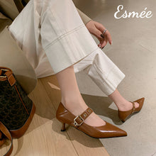Load image into Gallery viewer, Brown-Leather-High-Heel-Maryjanes-model-shots