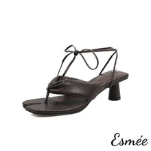 Load image into Gallery viewer, Brown-Leather-High-Heel-Sandals-with-Cloven-Design-product-shots-white-background