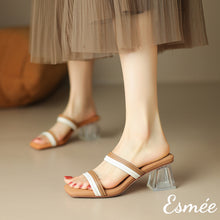 將圖片載入圖庫檢視器 Brown-Leather-High-Heel-Sandals-with-Dual-Color-Straps-and-Transparent-Heels-model-shots