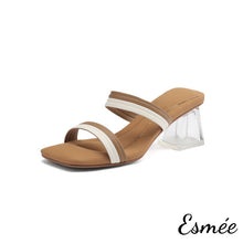 將圖片載入圖庫檢視器 Brown-Leather-High-Heel-Sandals-with-Dual-Color-Straps-and-Transparent-Heels-product-shots-white-background