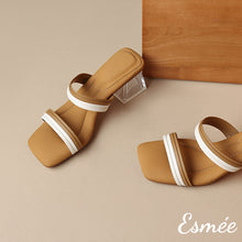 將圖片載入圖庫檢視器 Brown-Leather-High-Heel-Sandals-with-Dual-Color-Straps-and-Transparent-Heels-product-shots