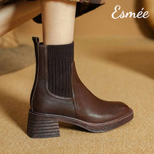 Load image into Gallery viewer, Brown-Leather-High-Heel-Sock-Boots-model-shots