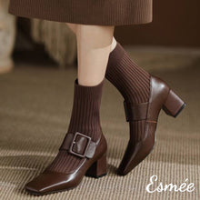 Load image into Gallery viewer, Brown-Leather-High-Heel-Sock-Boots-with-Thick-Buckle-Straps-model-shots