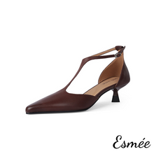 Load image into Gallery viewer, Brown-Leather-High-Heel-T-Straps-product-shots-white-background