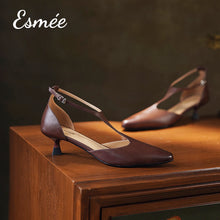 Load image into Gallery viewer, Brown-Leather-High-Heel-T-Straps-product-shots