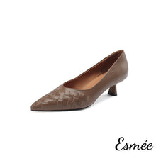 Load image into Gallery viewer, Brown-Leather-High-Heels-with-Woven-Design-product-shots-white-background