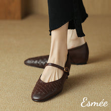 將圖片載入圖庫檢視器 Brown-Leather-Invisible-Increased-Height-Maryjanes-with-Woven-Design-model-shots