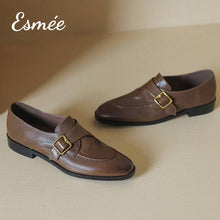 Load image into Gallery viewer, Brown-Leather-Loafers-with-Metal-Buckle-product-shots