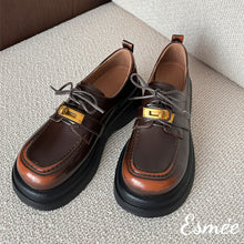 將圖片載入圖庫檢視器 Brown-Leather-Loafers-with-Thickened-Outsole-and-Golden-Metal-Buckle-product-shots