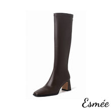 將圖片載入圖庫檢視器 Brown-Leather-Long-Boots-with-7cm-Block-Thin-Heels-product-shots-white-background