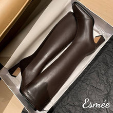 將圖片載入圖庫檢視器 Brown-Leather-Long-Boots-with-7cm-Block-Thin-Heels-product-shots