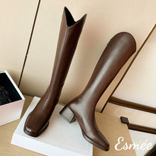Load image into Gallery viewer, Brown-Leather-Long-Boots-with-Block-Heels-product-shots