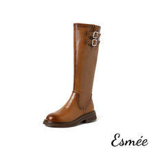 將圖片載入圖庫檢視器 Brown-Leather-Long-Boots-with-Double-Buckle-Design-product-shots-white-background