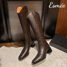 Load image into Gallery viewer, Brown-Leather-Long-Riding-Boots-with-Block-Heels-product-shots