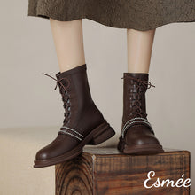 將圖片載入圖庫檢視器 Brown-Leather-Marten-Boots-with-Diamond-Designed-Straps-model-shots