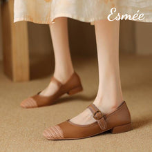 Load image into Gallery viewer, Brown-Leather-Maryjanes-with-Rattan-Toe-Cap-model-shots