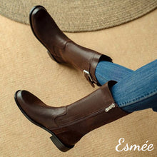 將圖片載入圖庫檢視器 Brown-Leather-Mid-Boots-with-Silver-Buckle-model-shots