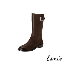 將圖片載入圖庫檢視器 Brown-Leather-Mid-Boots-with-Silver-Buckle-product-shots-white-background