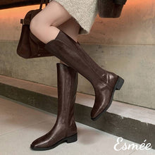 Load image into Gallery viewer, Brown-Leather-Riding-Long-Boots-with-V-Shaped-Ribbon-Design-model-shots