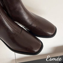Load image into Gallery viewer, Brown-Leather-Riding-Long-Boots-with-V-Shaped-Ribbon-Design-product-shots-detail