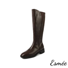 Load image into Gallery viewer, Brown-Leather-Riding-Long-Boots-with-V-Shaped-Ribbon-Design-product-shots-white-background
