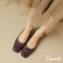 Load image into Gallery viewer, Brown-Leather-Squared-Toe-Ballets-with-Vintage-and-Bow-Knot-Design-model-shots