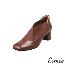 Load image into Gallery viewer, Brown-Leather-Squared-Toe-High-Heel-with-Ribbon-Design-product-shots-white-background