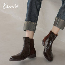 Load image into Gallery viewer, Brown-Leather-Suede-Ankle-Boots-with-Rhinestone-Design-model-shots