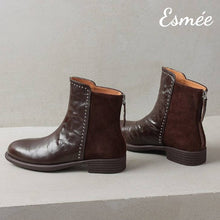 Load image into Gallery viewer, Brown-Leather-Suede-Ankle-Boots-with-Rhinestone-Design-product-shots