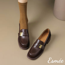 Load image into Gallery viewer, Brown-Leather-Suede-Loafers-with-Metal-Buckle-Design-model-shots
