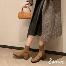 Load image into Gallery viewer, Brown-Patent-Leather-Mary-Jane-Sock-Tube-Boots-model-shots