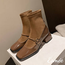 Load image into Gallery viewer, Brown-Patent-Leather-Mary-Jane-Sock-Tube-Boots-product-shots